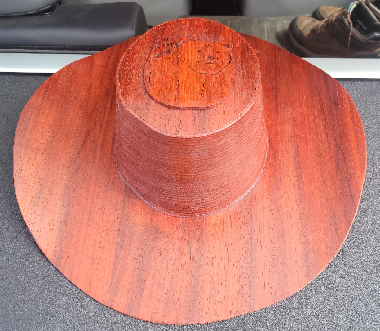 Padauk Wooden Cowboy Hat with Bear Carving